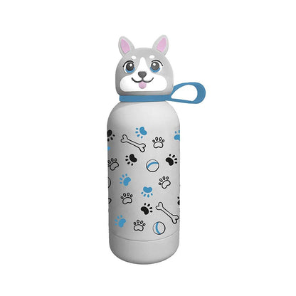 Kids stainless steel thermos bottle with silicone dog lid, blue loop handle, paw print pattern