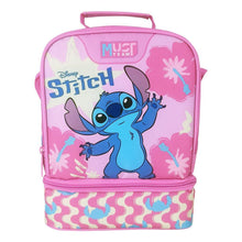 Pink insulated lunch bag with Stitch character print, top handle, 2 zip compartments