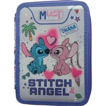 Double-decker filled pencil case with Stitch and Angel graphic, blue zipper