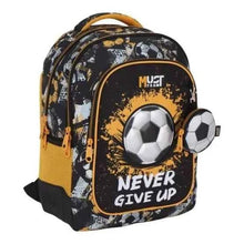 Soccer-themed 17-inch backpack with yellow-black design, 'Never Give Up' front panel