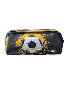 Two-compartment pencil case, dark blue with yellow zippers and soccer ball print