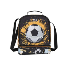 Isothermal lunch bag with soccer ball graphic, black and yellow speckled front, front pocket