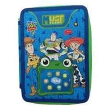 Blue double-decker zipper pencil case with cartoon character graphic front