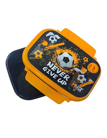Orange and navy soccer-themed lunch box with hinged lid and latch, Never Give Up print