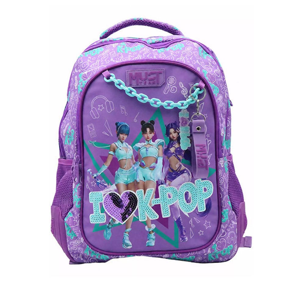 Kids purple backpack with front 'I ♥ K-POP' graphic and character print
