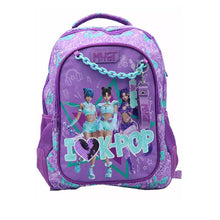 Kids purple backpack with front 'I ♥ K-POP' graphic and character print