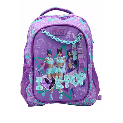 Kids purple backpack with front 'I ♥ K-POP' graphic and character print