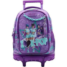Purple primary school trolley bag with K-pop character graphic, front handle and wheels
