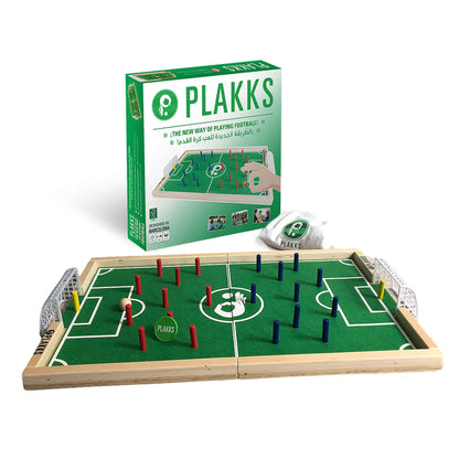 Football board game set with green field, blue/red pegs, and wooden playing tray
