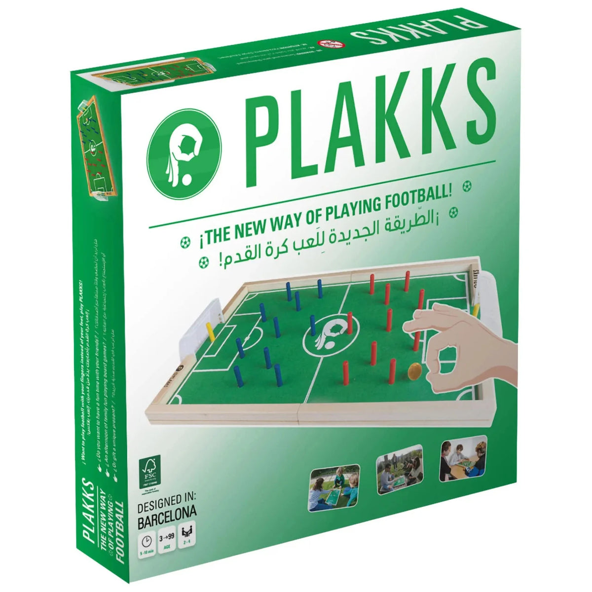 Football board game box with PLAKKS logo and green playfield graphic