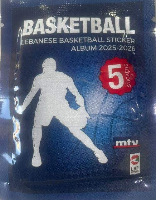 Basketball sticker album pack with player silhouette, '5 stickers' badge and blue cover