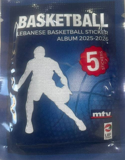 Basketball sticker album pack with player silhouette, '5 stickers' badge and blue cover