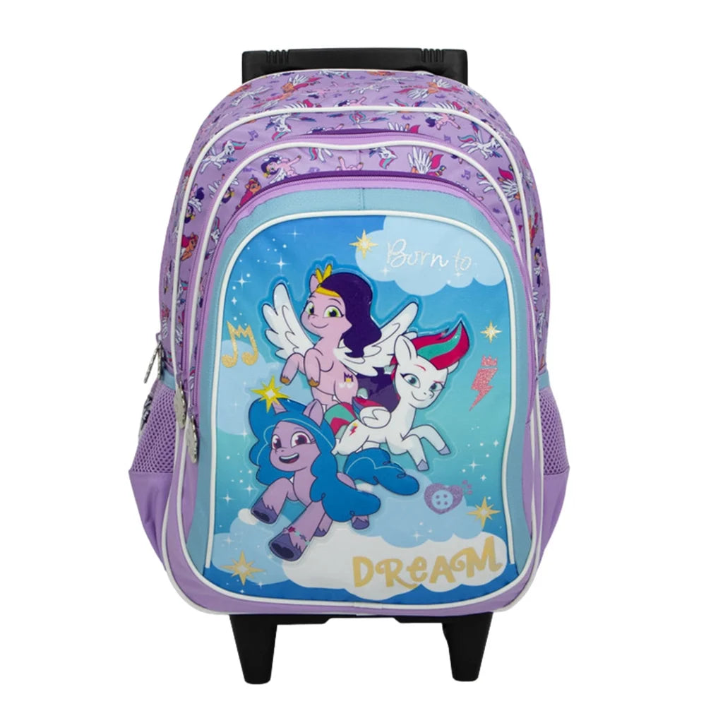 Purple kids trolley backpack with pony cartoon, front panel and wheels, 3 compartments
