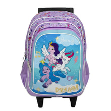 Purple kids trolley backpack with pony cartoon, front panel and wheels, 3 compartments