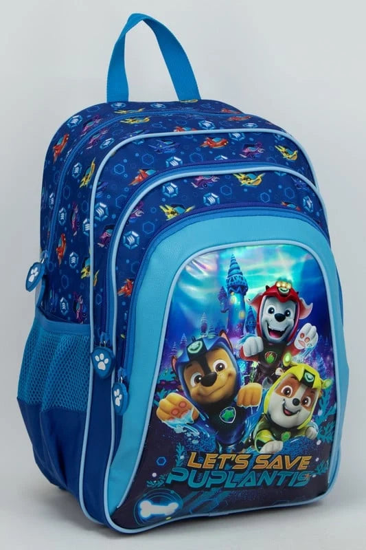 Paw Patrol 16-inch 3-compartment backpack, blue with cartoon pups and side mesh pocket