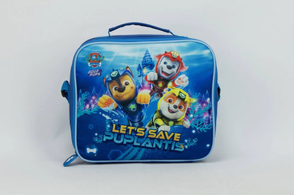 Blue insulated lunch tote with Paw Patrol graphic, top handle, front zipper pocket.