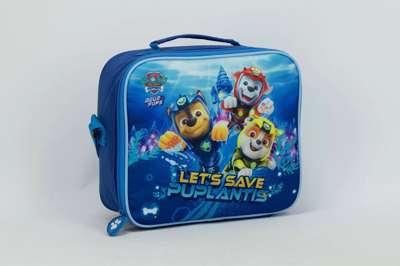 Blue insulated lunch tote with Paw Patrol pups graphic, side zipper and carrying handle.