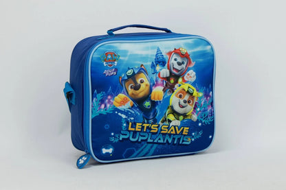 Blue insulated lunch tote with Paw Patrol pups graphic, side zipper and carrying handle.