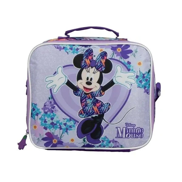 Insulated lunch tote with Minnie Mouse graphic, purple trim, zip closure.