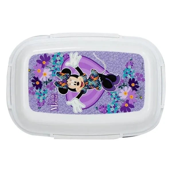 White Minnie lunch box with purple floral cartoon graphic on the lid