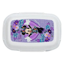 White Minnie lunch box with purple floral cartoon graphic on the lid