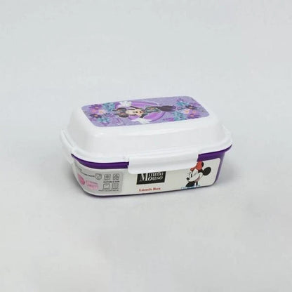 Closed Minnie lunch box with purple trim and floral character print