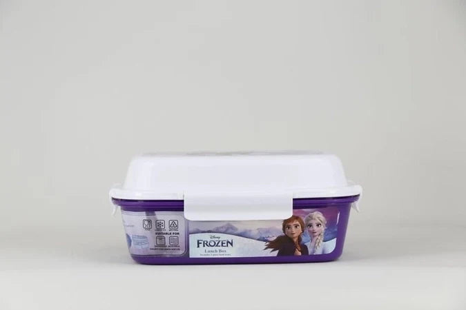 Frozen lunch box with 4 trays, purple base, white lid, front character image