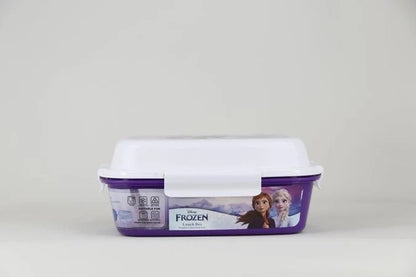 Frozen lunch box with 4 trays, purple base, white lid, front character image