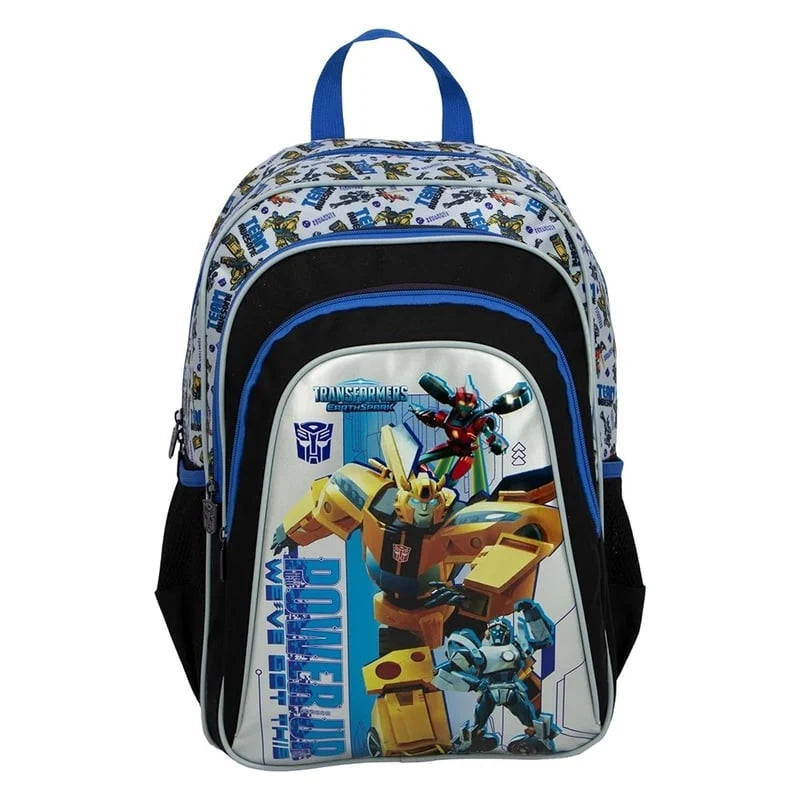 3-compartment backpack with blue trim and robot character graphic, front zip pockets