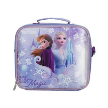 Insulated lunch tote with Frozen characters, purple zip-top and carry handle