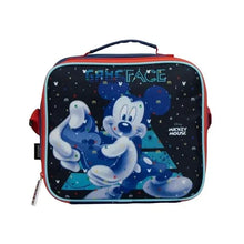 Insulated lunch tote with Mickey Mouse graphic, blue with red trim and top handle.
