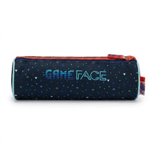 Dark teal pencil case with GAME FACE print, zip closure and red zipper pull.
