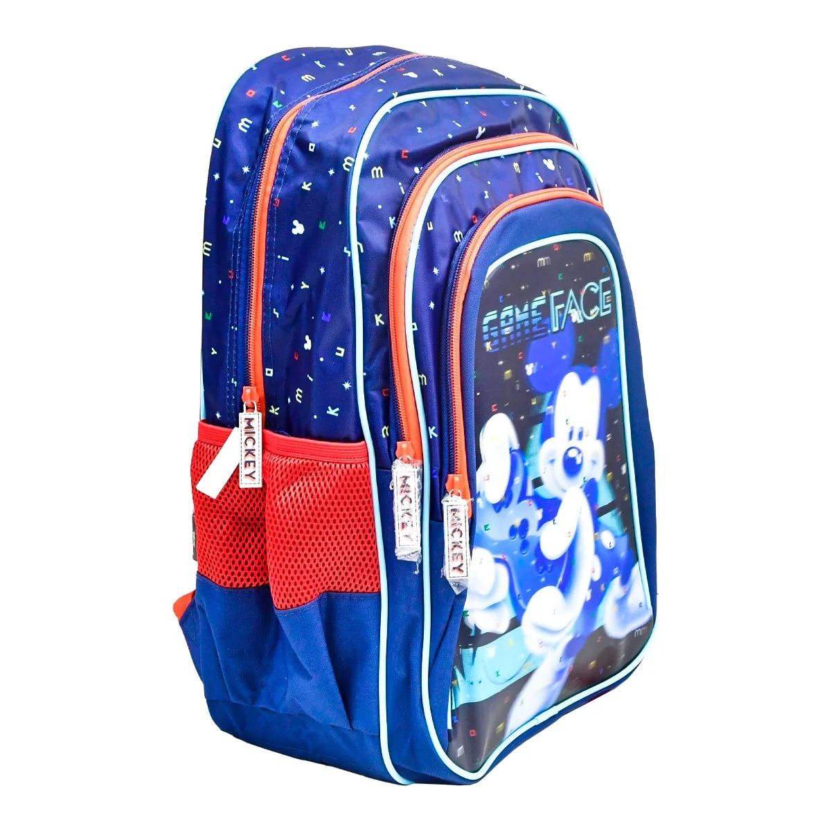 Sunce Mickey 16-inch backpack, side view with blue panels, red mesh pocket and GAMEFACE art