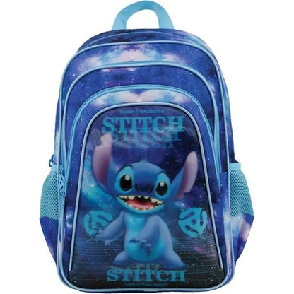 Blue galaxy 3-compartment backpack with Stitch front graphic and padded straps