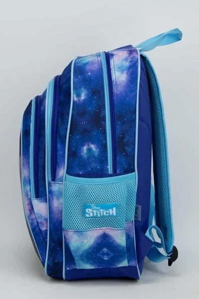 Blue galaxy Stitch backpack side view with mesh panel pocket and zipper