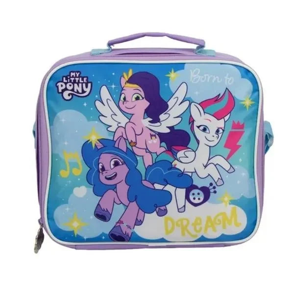 Purple insulated lunch tote with My Little Pony characters and zipper, top handle