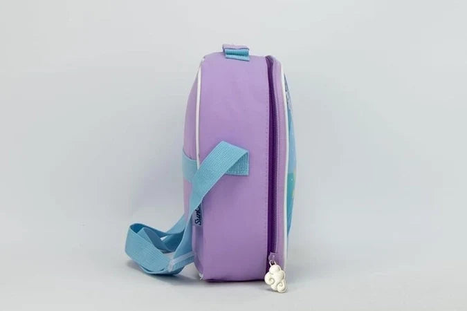 Purple insulated lunch tote, side view with blue strap and zipper pocket