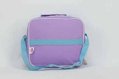 Purple insulated lunch tote front view with light blue trim and zipper closure