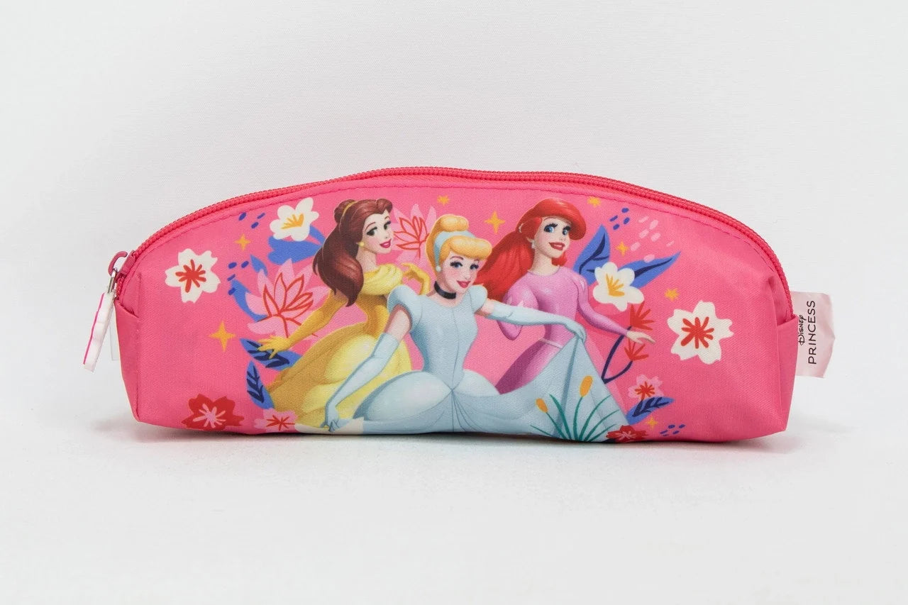 Pink zippered pencil case with Disney princess graphic and floral pattern