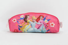 Pink zippered pencil case with Disney princess graphic and floral pattern