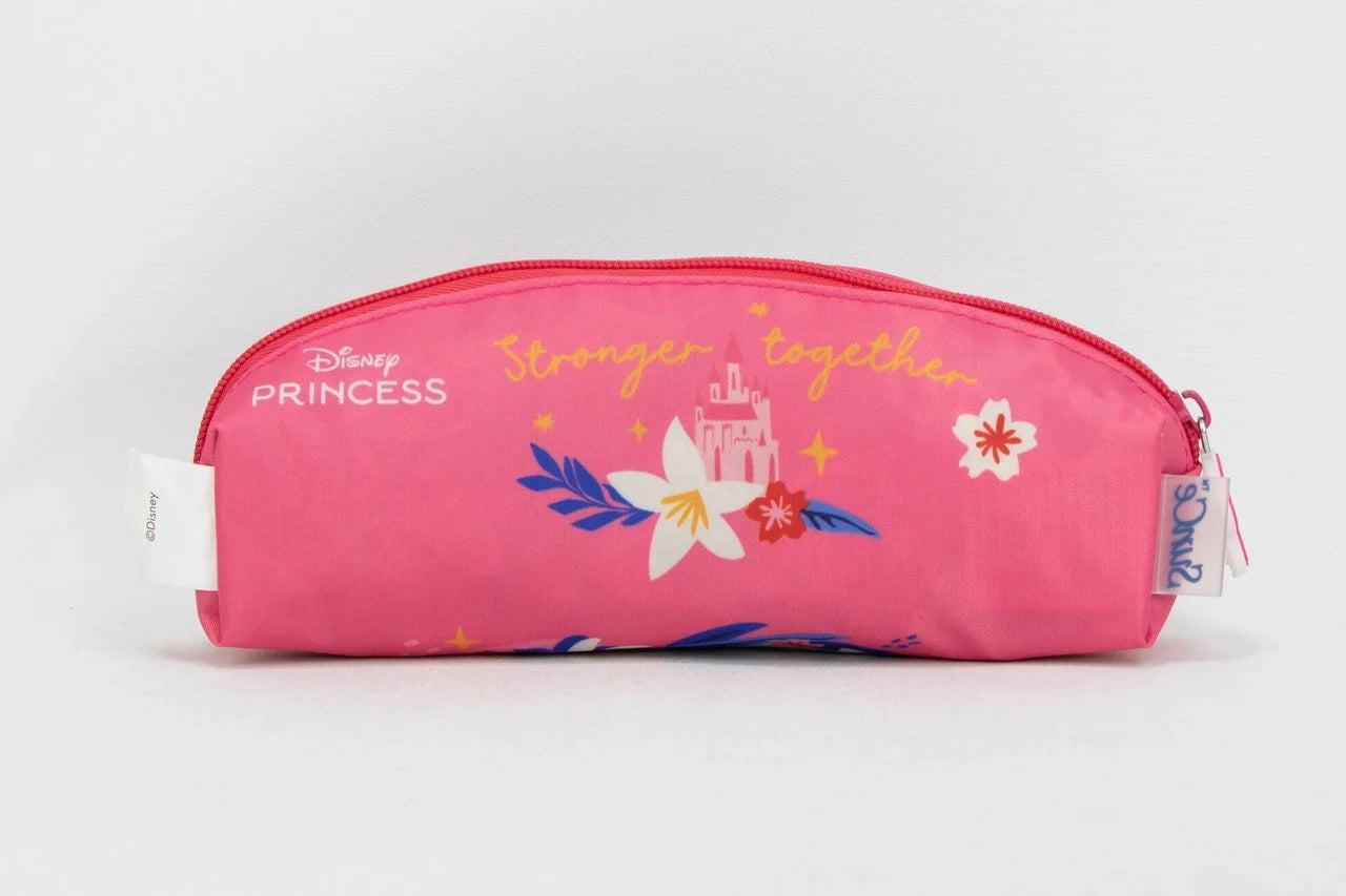 Pink zippered pencil case with Disney Princess text and floral castle graphic