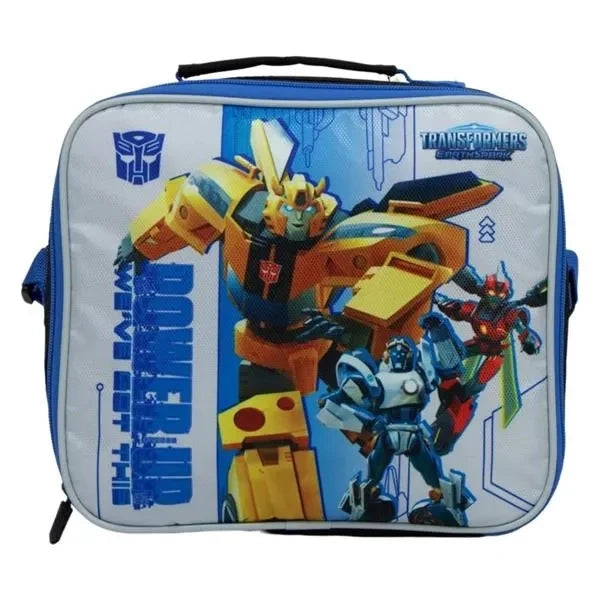Insulated Transformers lunch tote with colorful robot graphic, zip-top and carry handle