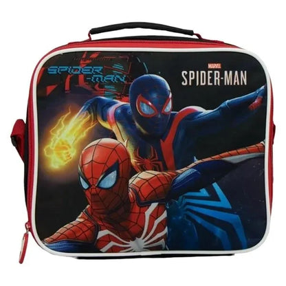 Red insulated lunch tote with Spider-Man comic graphic, zip top and carry handle