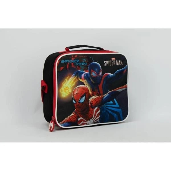 Insulated lunch tote with Spider-Man comic print, front zip pocket and carry handle