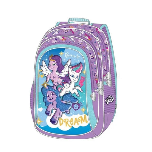 Kids' purple and teal 3-compartment backpack with pony graphic and side zips