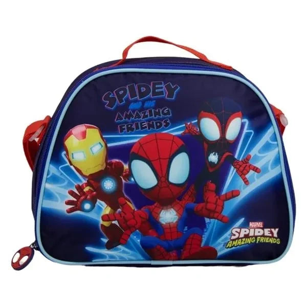 Insulated lunch tote with Spidey and friends graphic, zip-top and carrying handle
