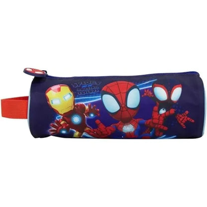 Sunce Spidey pencil case, navy blue with colorful Spider-Man character print, zip top