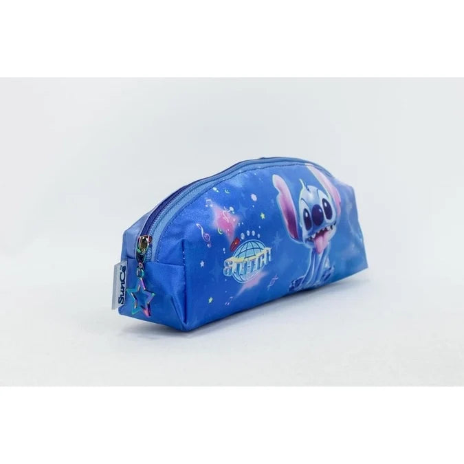 Blue Stitch pencil case side view with zipper and hanging stitched tag