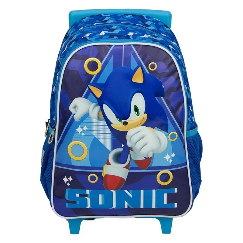 Blue trolley backpack with character graphic, front mesh pocket, two compartments