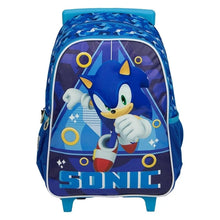 Blue trolley backpack with character graphic, front mesh pocket, two compartments